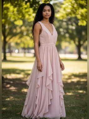 Lulu’s Elegant V-Neck Ruffle Chiffon Maxi Dress in Blush size Small formal dance